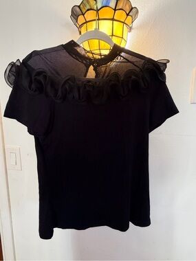 New York & Company Black Short Sleeve Top with Mesh Ruffle Yoke